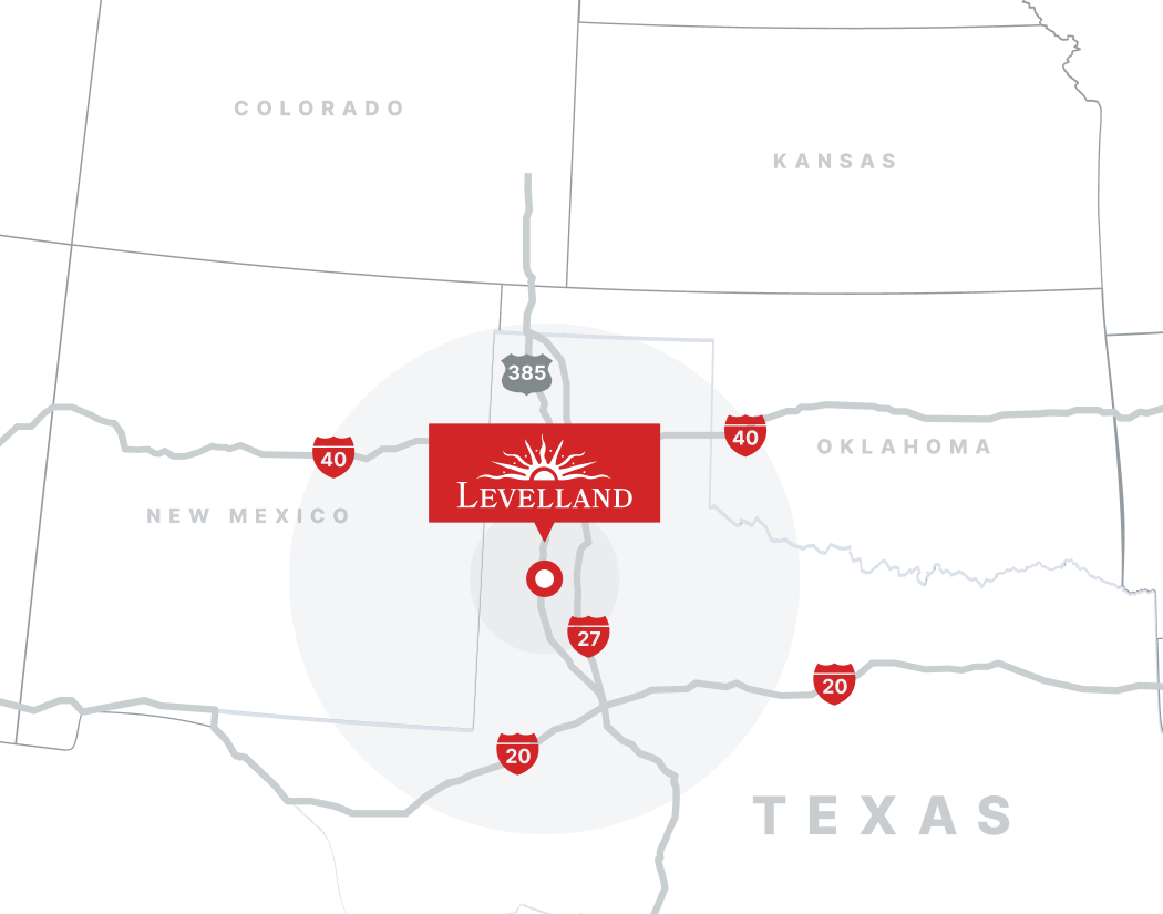 Map showing Levelland's location in Texas and proximity to surrounding states